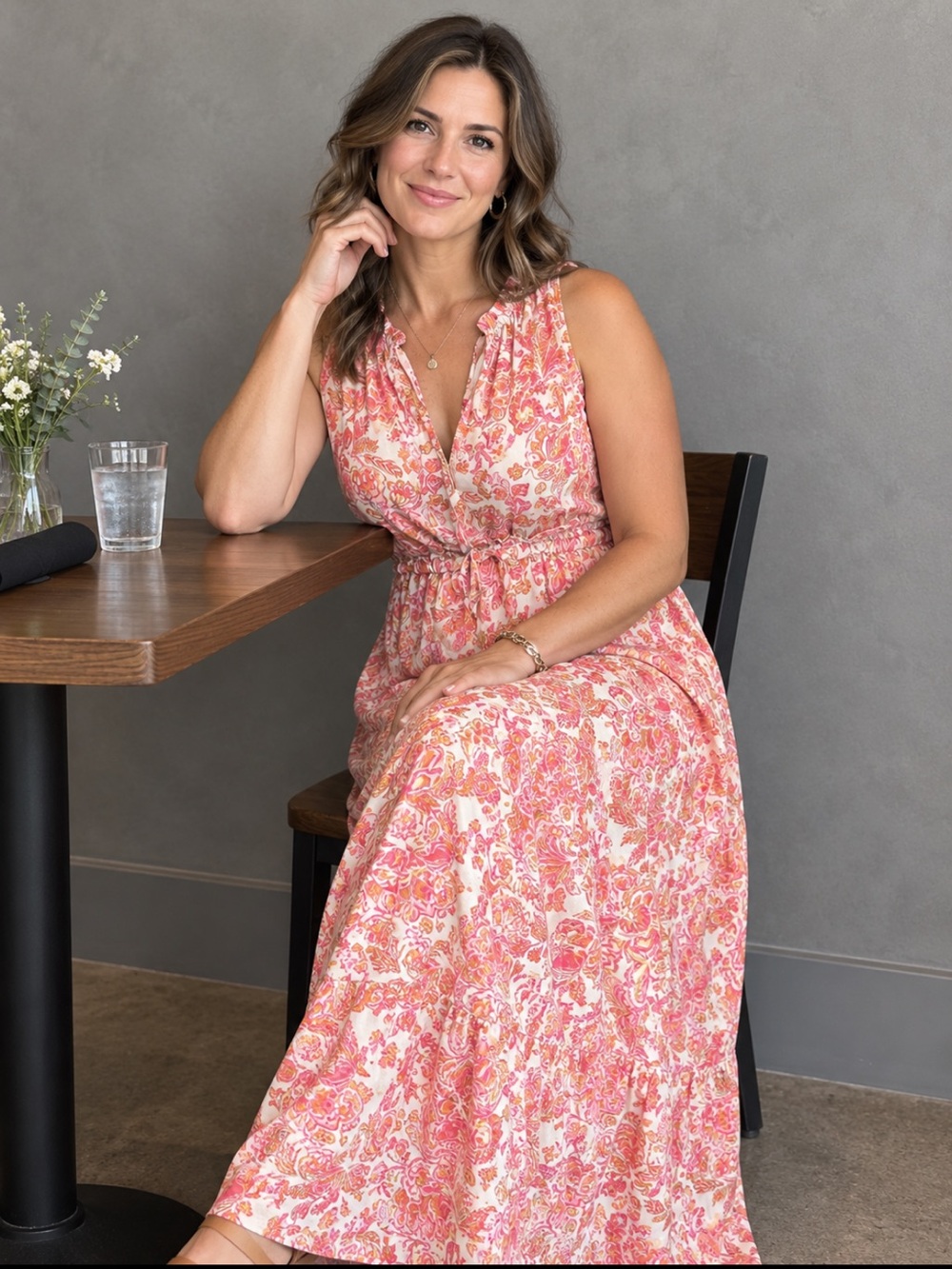 Japna Floral Halter Maxi Dress Cutout Pink White Size XS
